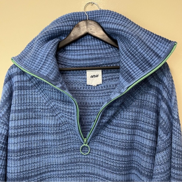 Aerie Oversized Wool Blend Cropped Stripe Sweater - Blue - Funnel Neck - Picture 6 of 13